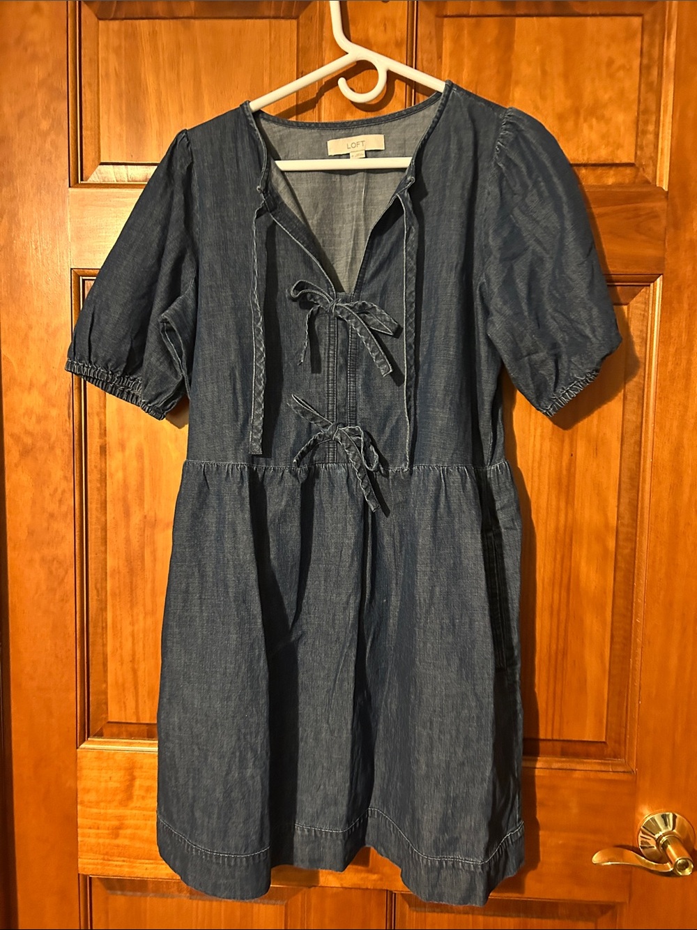 LOFT Indigo Denim Tie-Front Puff Sleeve Dress